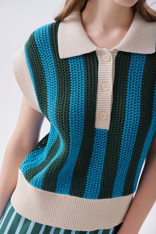 Kadın Mavi Çizgili Polo Yaka Kolsuz Triko Kazak