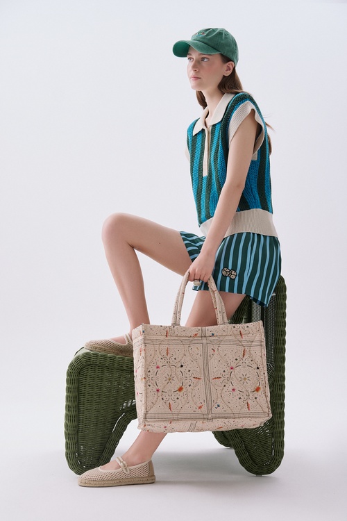  Kadın Mavi Çizgili Polo Yaka Kolsuz Triko Kazak