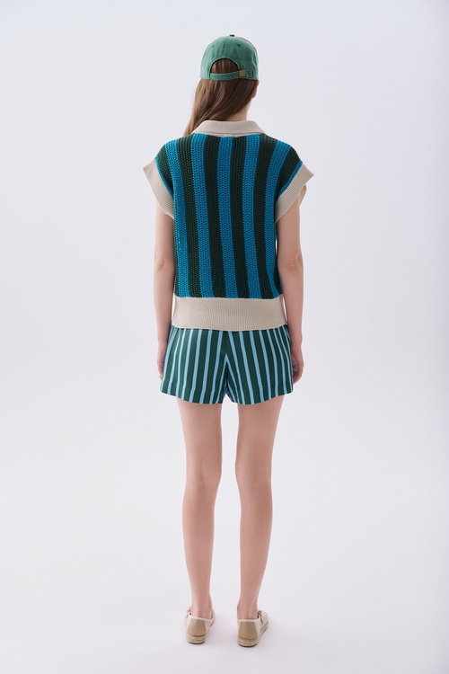 Kadın Mavi Çizgili Polo Yaka Kolsuz Triko Kazak