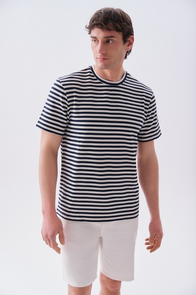 Mudo Erkek Kırık Beyaz Çizgili Loose Fit Bisiklet Yaka Modal T-Shirt