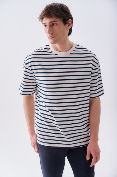 Mudo Erkek Lacivert Çizgili Oversize Bisiklet Yaka T-Shirt