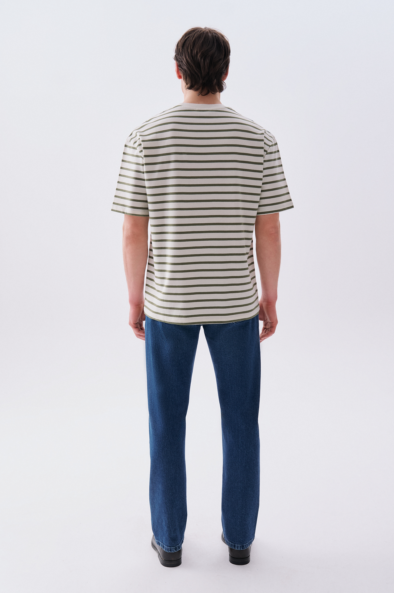 Erkek Haki Çizgili Oversize Bisiklet Yaka T-Shirt