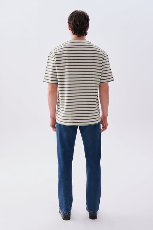  Erkek Haki Çizgili Oversize Bisiklet Yaka T-Shirt