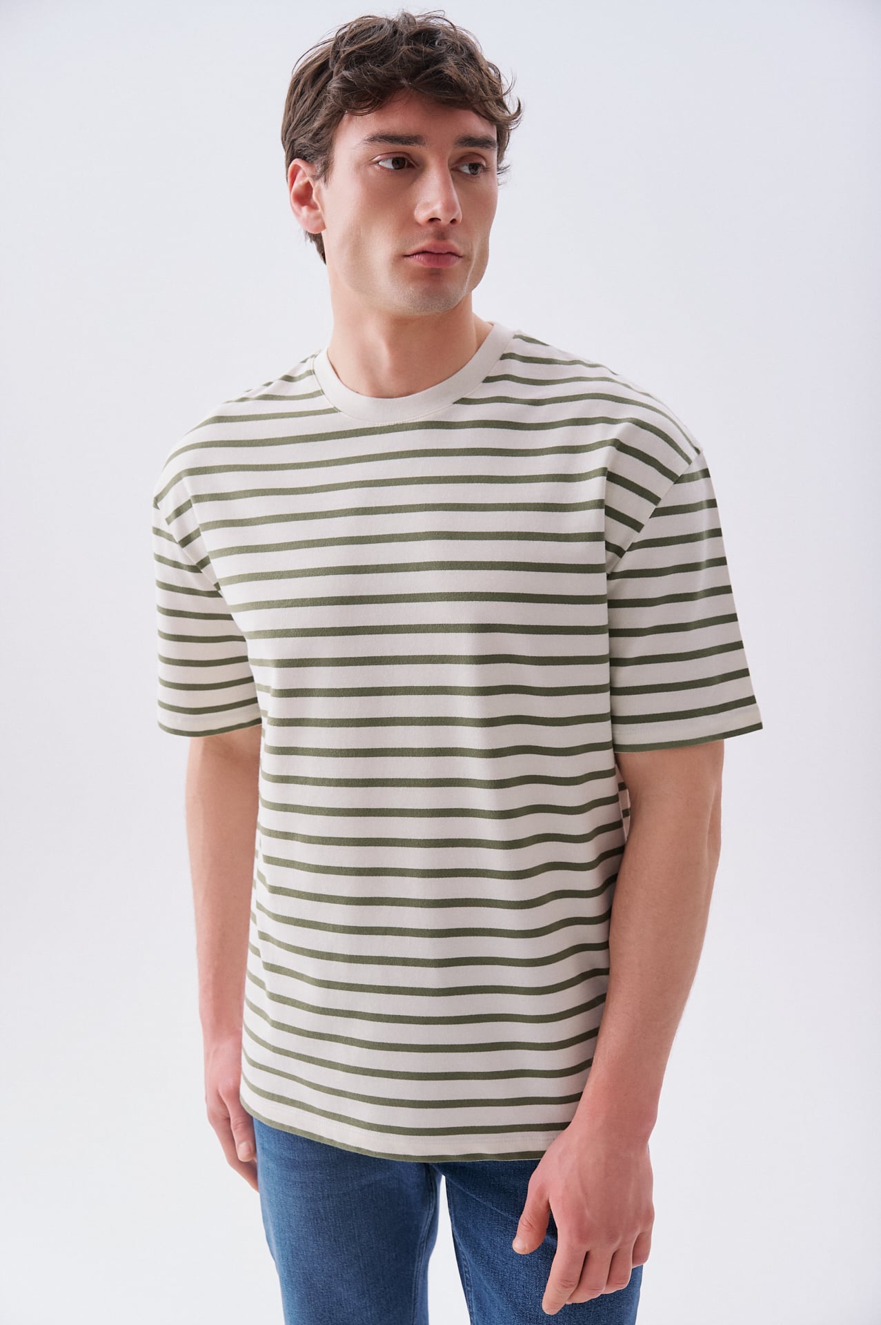 Erkek Haki Çizgili Oversize Bisiklet Yaka T-Shirt