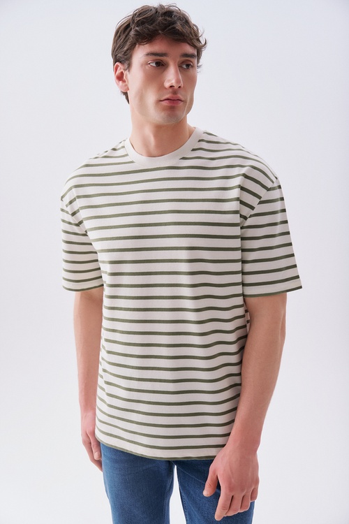  Erkek Haki Çizgili Oversize Bisiklet Yaka T-Shirt