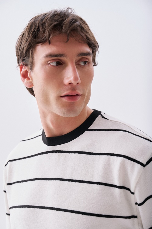  Erkek Siyah Çizgili Comfort Fit Bisiklet Yaka T-Shirt