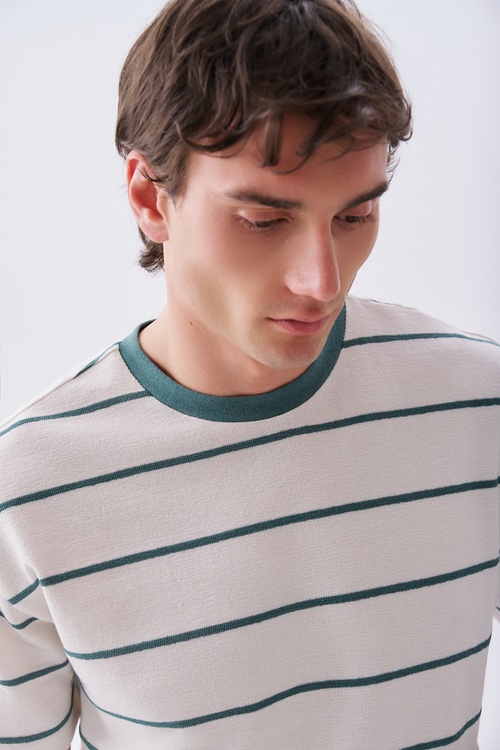 Erkek Yeşil Çizgili Comfort Fit Bisiklet Yaka T-Shirt