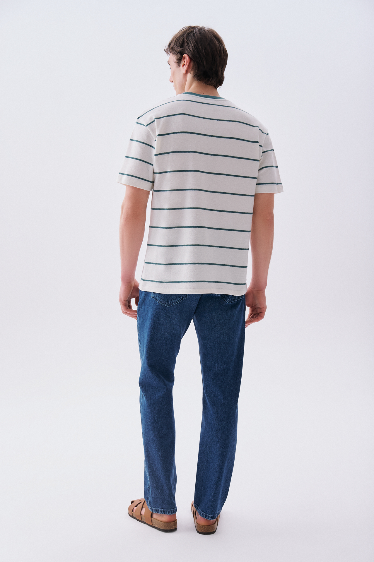 Erkek Yeşil Çizgili Comfort Fit Bisiklet Yaka T-Shirt