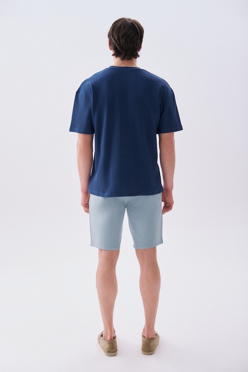 Erkek İndigo Jakarlı Oversize Bisiklet Yaka T-Shirt