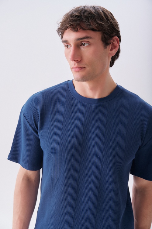 Erkek İndigo Jakarlı Oversize Bisiklet Yaka T-Shirt