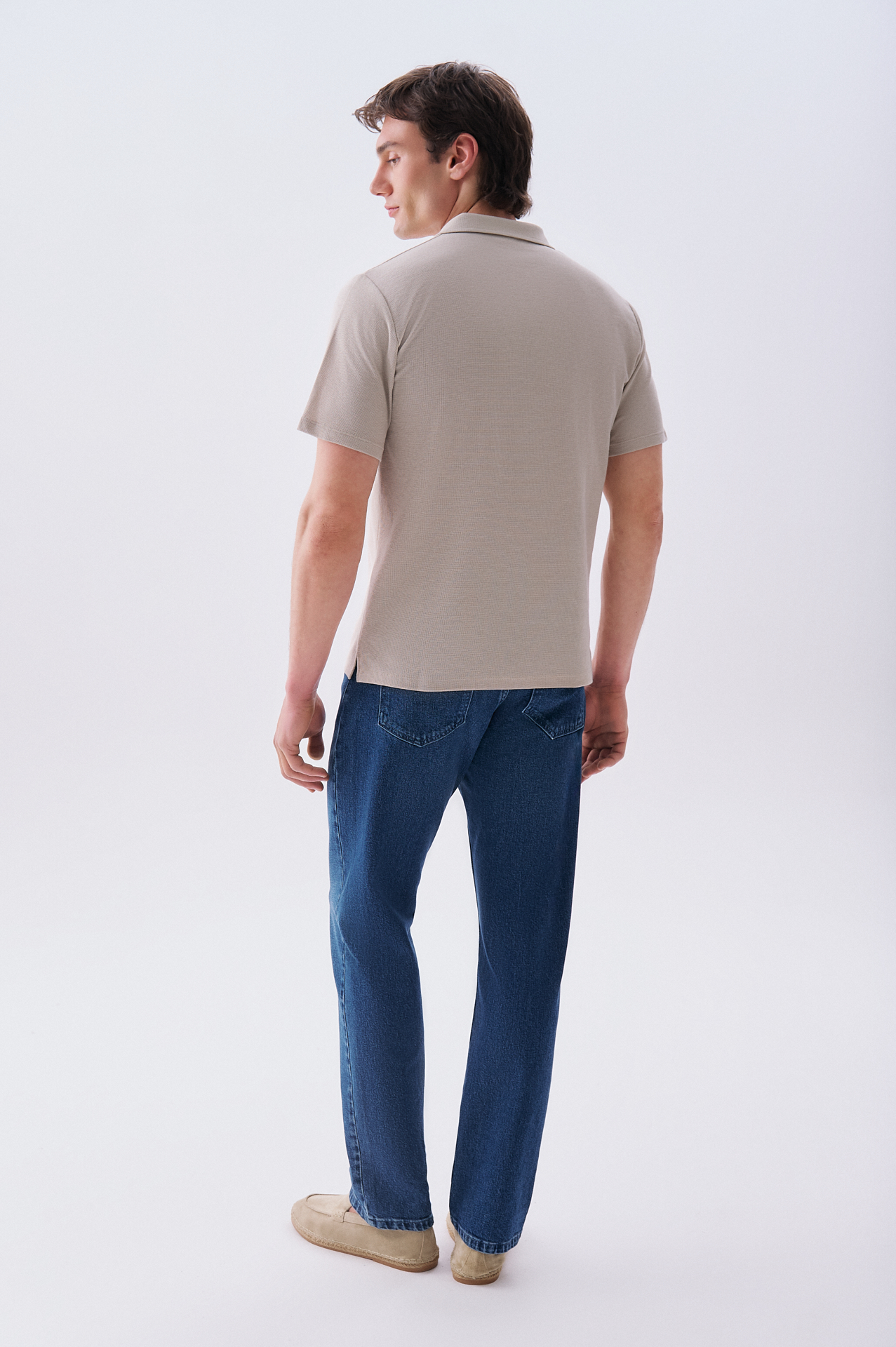 Erkek Taş Rengi Regular Fit Dokulu Kısa Kollu Gömlek