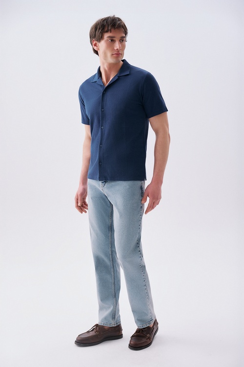 Erkek İndigo Regular Fit Dokulu Kısa Kollu Gömlek