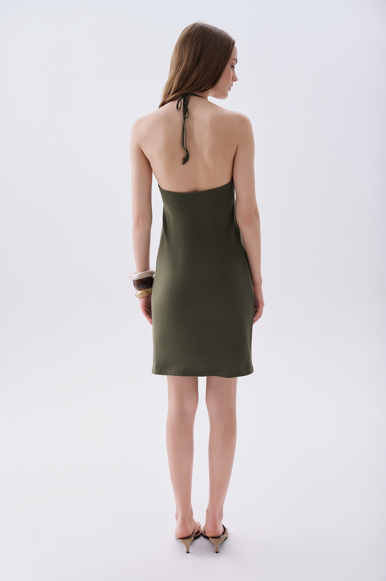 Kadın Yeşil Keten Karşımlı Halter Yaka A Form Mini Elbise