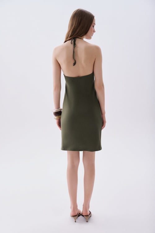 Kadın Yeşil Keten Karşımlı Halter Yaka A Form Mini Elbise