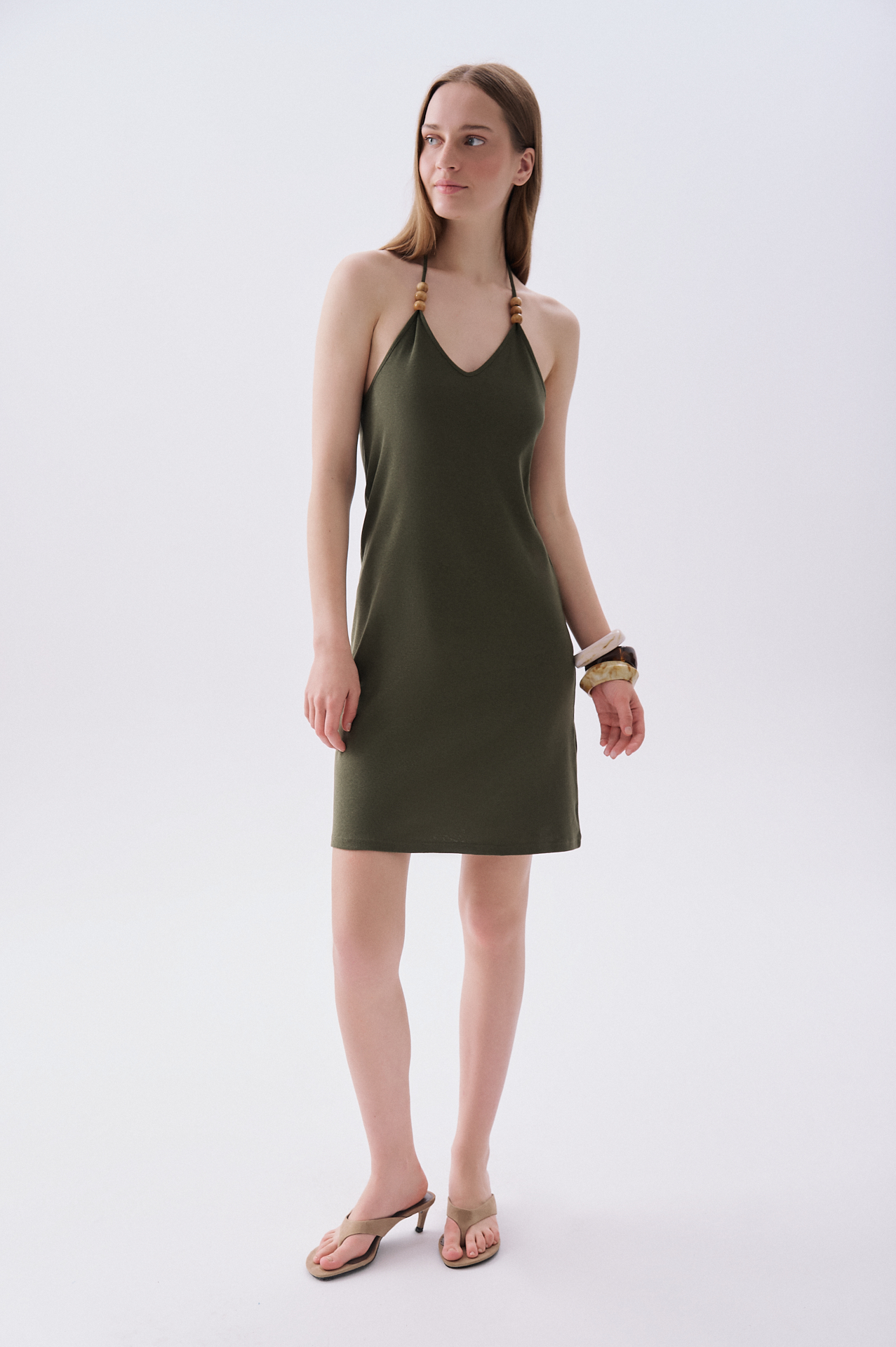 Kadın Yeşil Keten Karşımlı Halter Yaka A Form Mini Elbise