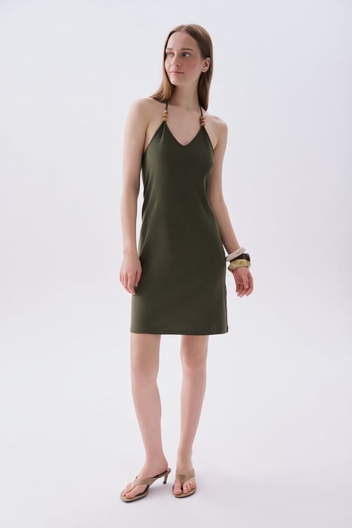 Kadın Yeşil Keten Karşımlı Halter Yaka A Form Mini Elbise