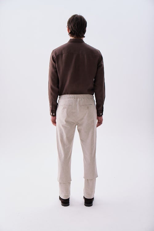  Erkek Kahverengi Slim Fit Uzun Kollu Keten Gömlek