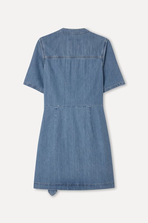 Kadın İndigo Kruvaze Bağlamalı Mini Jean Elbise