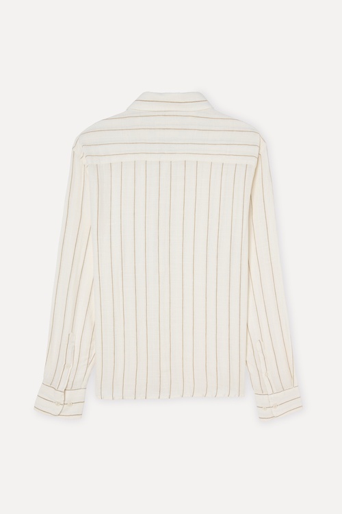 Erkek Ekru Çizgili Regular Fit Uzun Kollu Gömlek