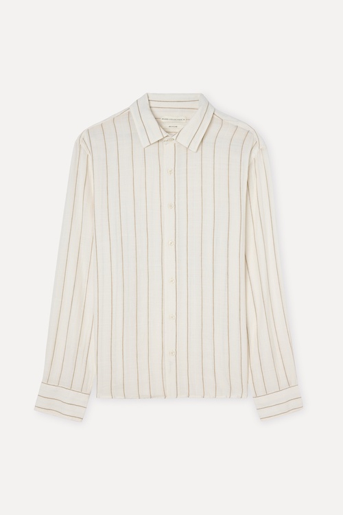 Erkek Ekru Çizgili Regular Fit Uzun Kollu Gömlek