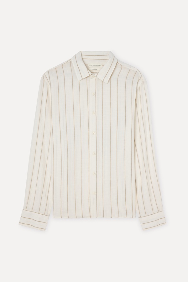 Erkek Ekru Çizgili Regular Fit Uzun Kollu Gömlek
