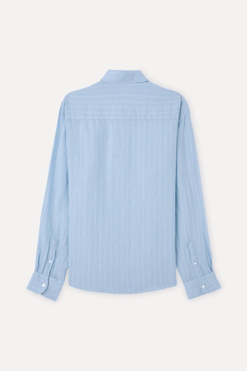 Erkek Mavi Çizgili Regular Fit Uzun Kollu Keten Gömlek