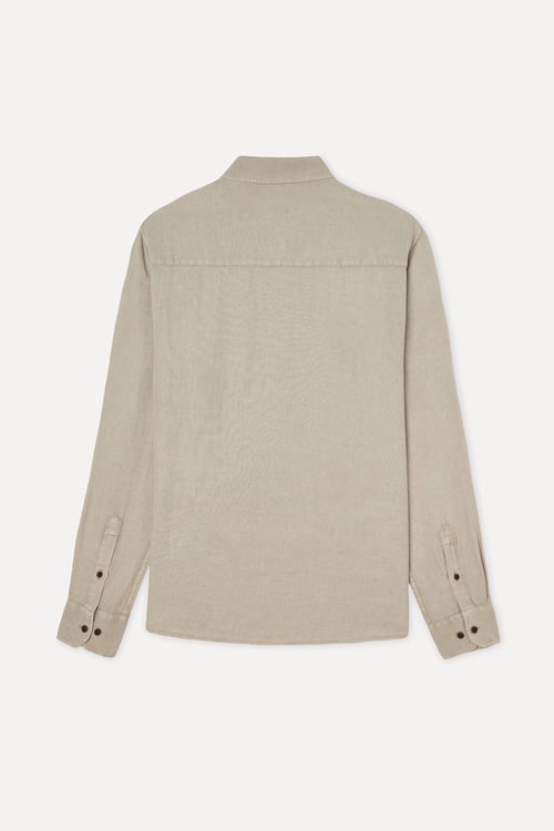 Erkek Vizon Rengi Regular Fit Uzun Kollu Keten Karışımlı Gömlek