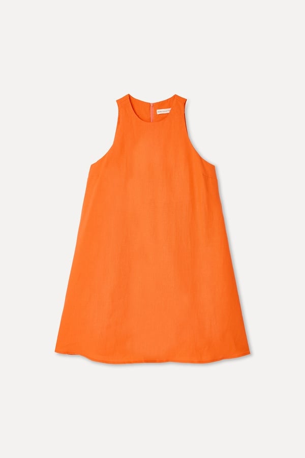 Kadın Turuncu A Form Kolsuz Keten Mini Elbise