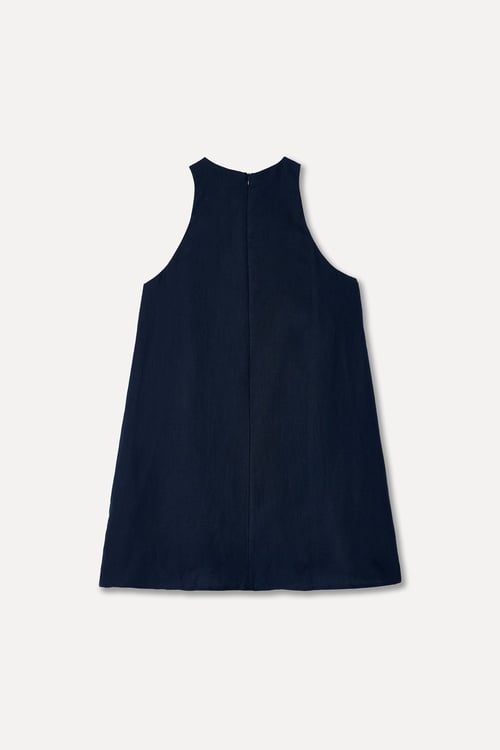  Kadın Lacivert A Form Kolsuz Keten Mini Elbise