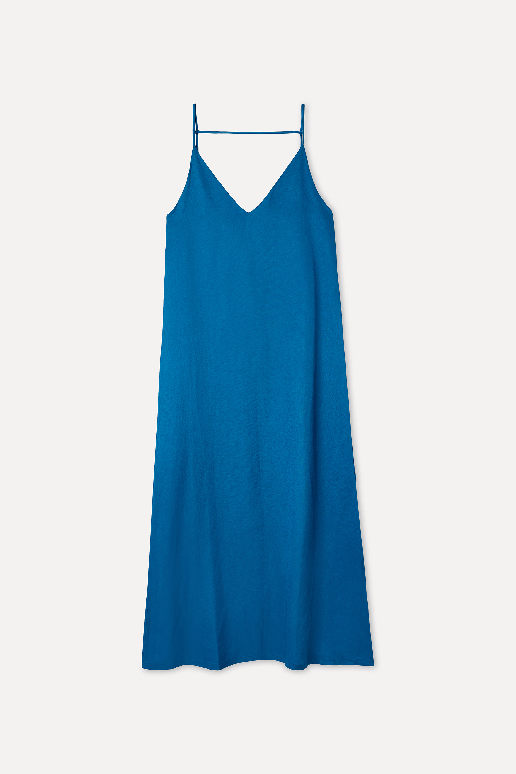 Kadın Mavi Keten Karışımlı Kolsuz Uzun Elbise