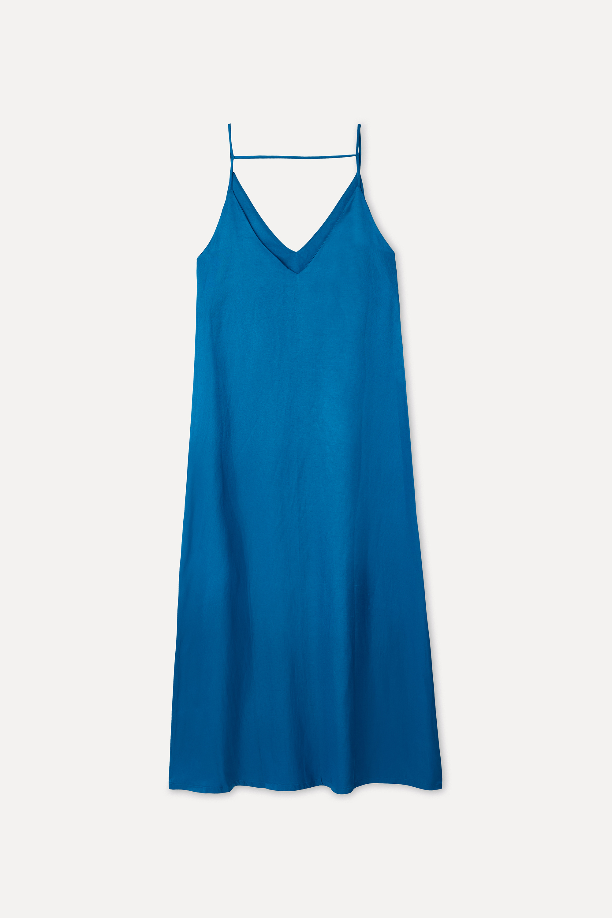 Kadın Mavi Keten Karışımlı Kolsuz Uzun Elbise