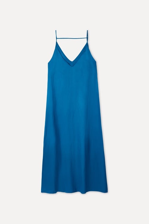 Kadın Mavi Keten Karışımlı Kolsuz Uzun Elbise