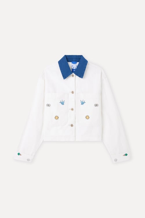 Kadın Kırık Beyaz Comfort Fit Nakışlı Trucker Ceket