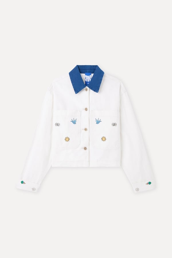 Kadın Kırık Beyaz Comfort Fit Nakışlı Trucker Ceket