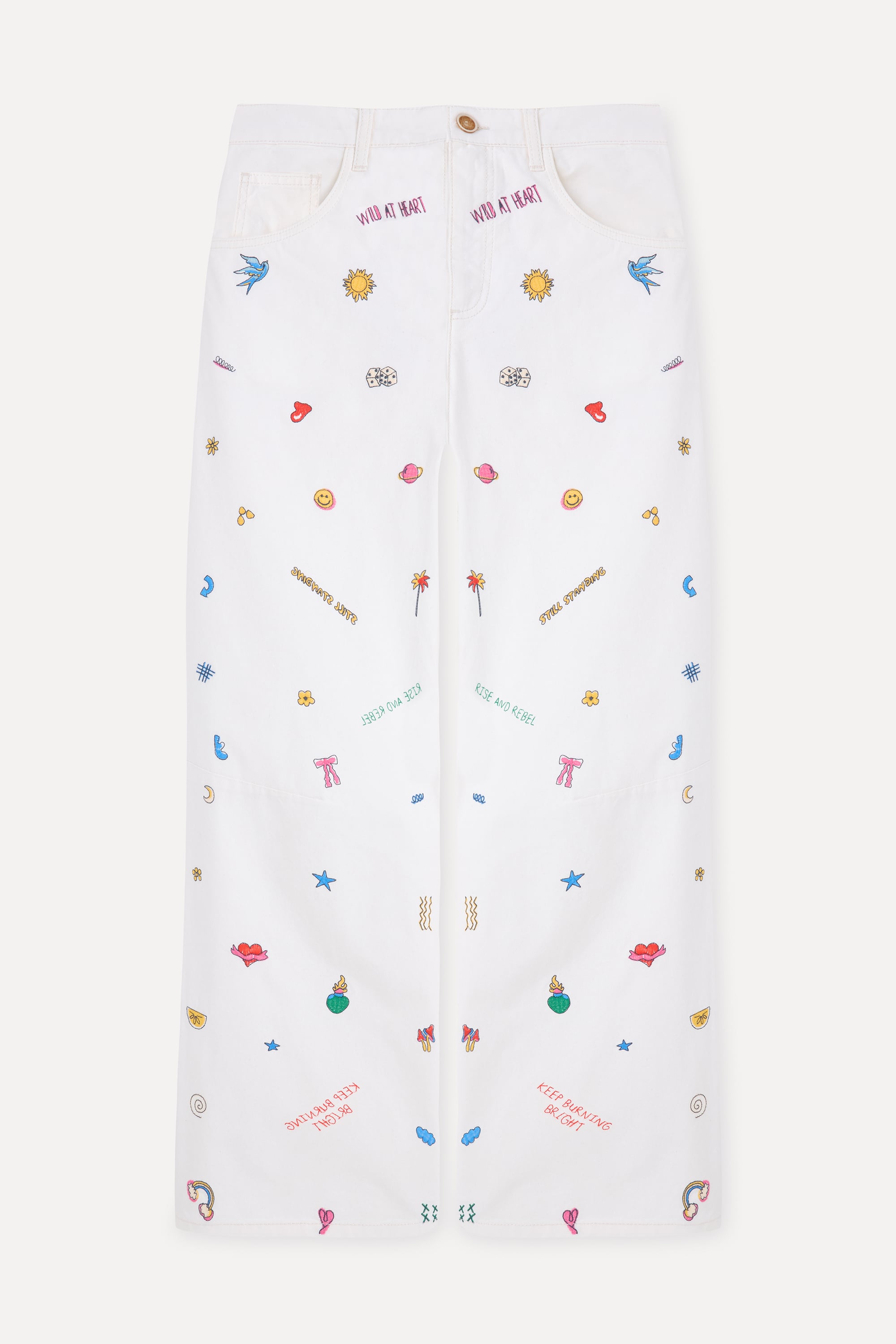 Kadın Kırık Beyaz Nakışlı Mom Fit Jean Pantolon