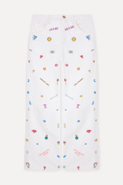 Mudo Kadın Kırık Beyaz Nakışlı Mom Fit Jean Pantolon
