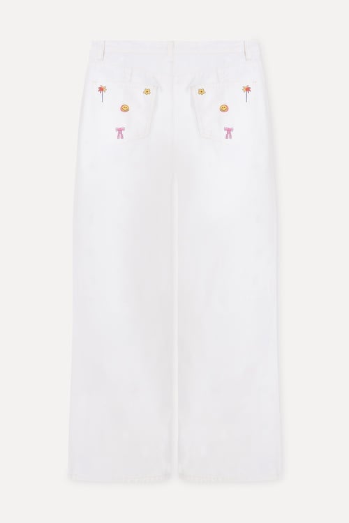 Kadın Kırık Beyaz Nakışlı Mom Fit Jean Pantolon