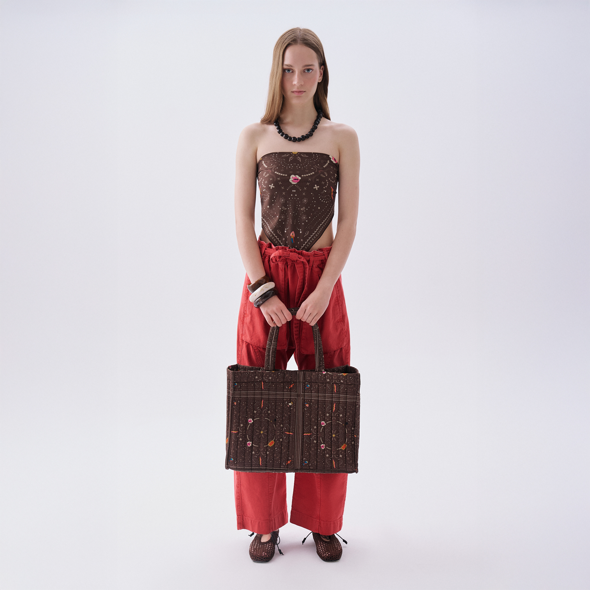 Kadın Kahverengi Desenli Kapitoneli El Çantası