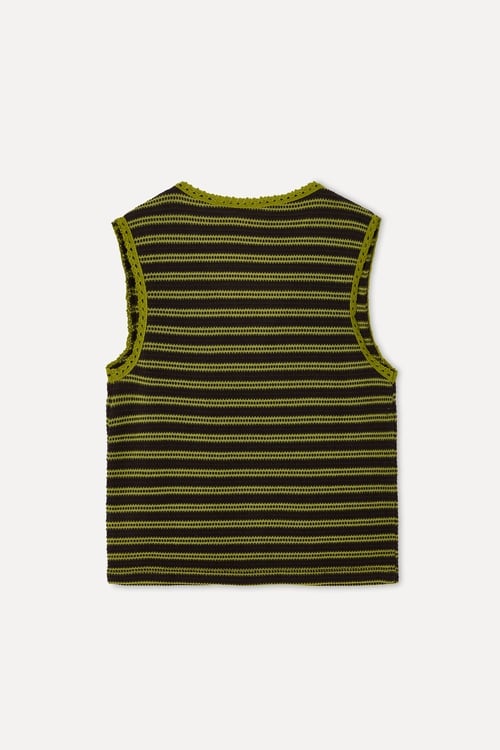 Kadın Kahverengi Çizgili Bağlama Detaylı Kolsuz Bluz