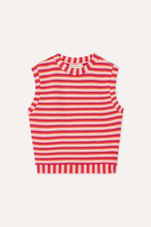 Kadın Pembe Fitted Çizgili Kolsuz Bluz