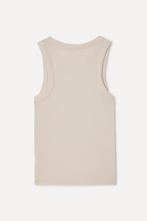 Kadın Taş Rengi Fitted Bisiklet Yaka Kolsuz T-Shirt