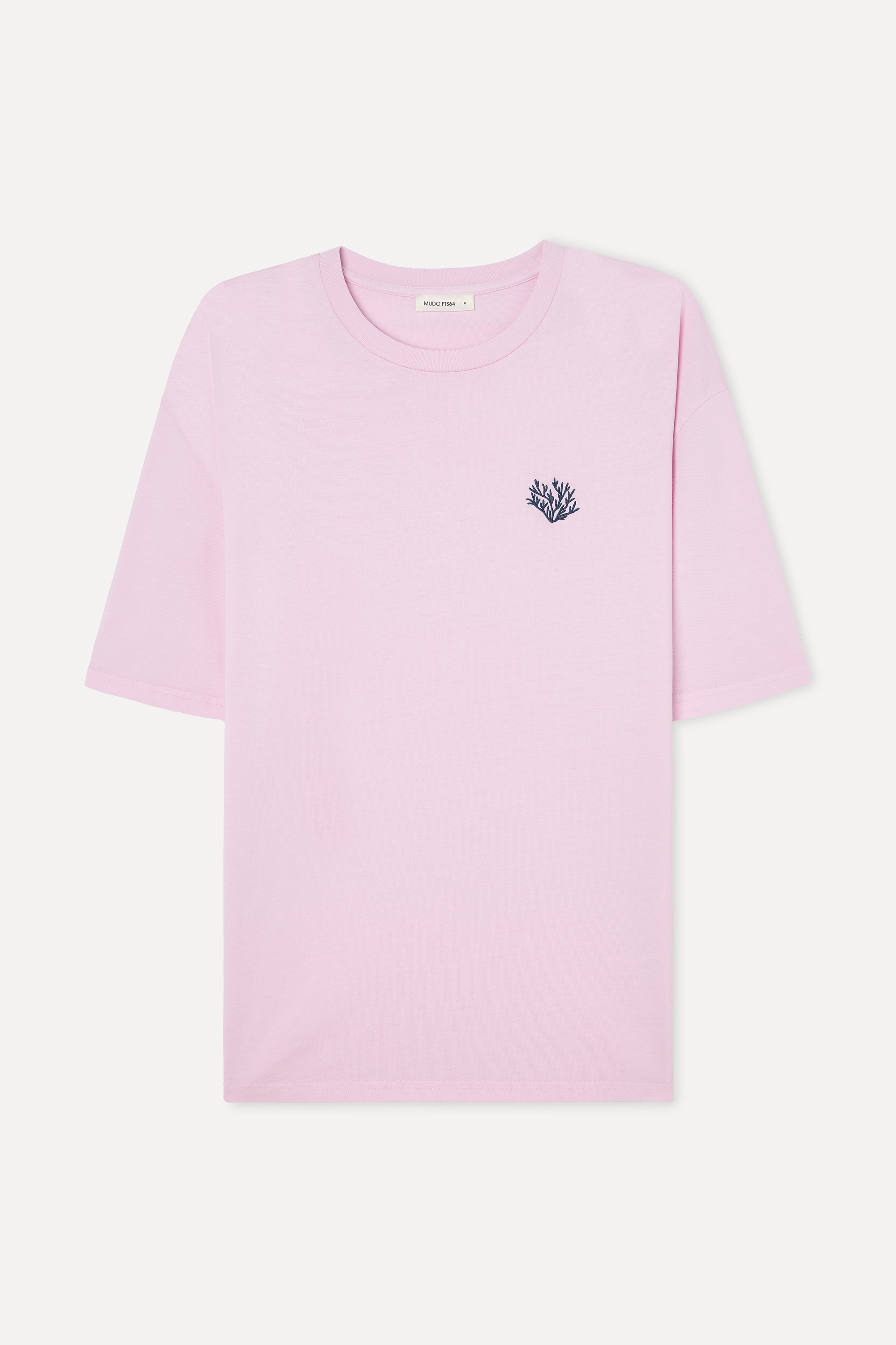 Erkek Pembe Nakışlı Oversize Bisiklet Yaka T-Shirt