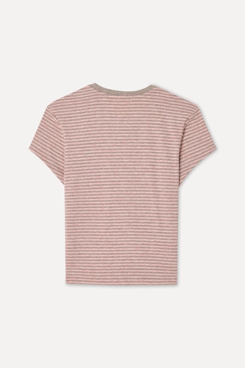 Kadın Pembe Çizgili Fitted Bisiklet Yaka T-Shirt