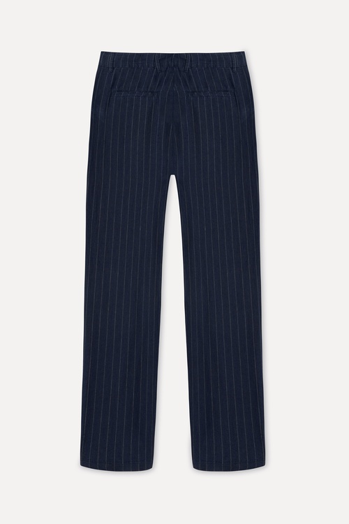 Erkek Lacivert Çizgili Tapered Fit Keten Pantolon