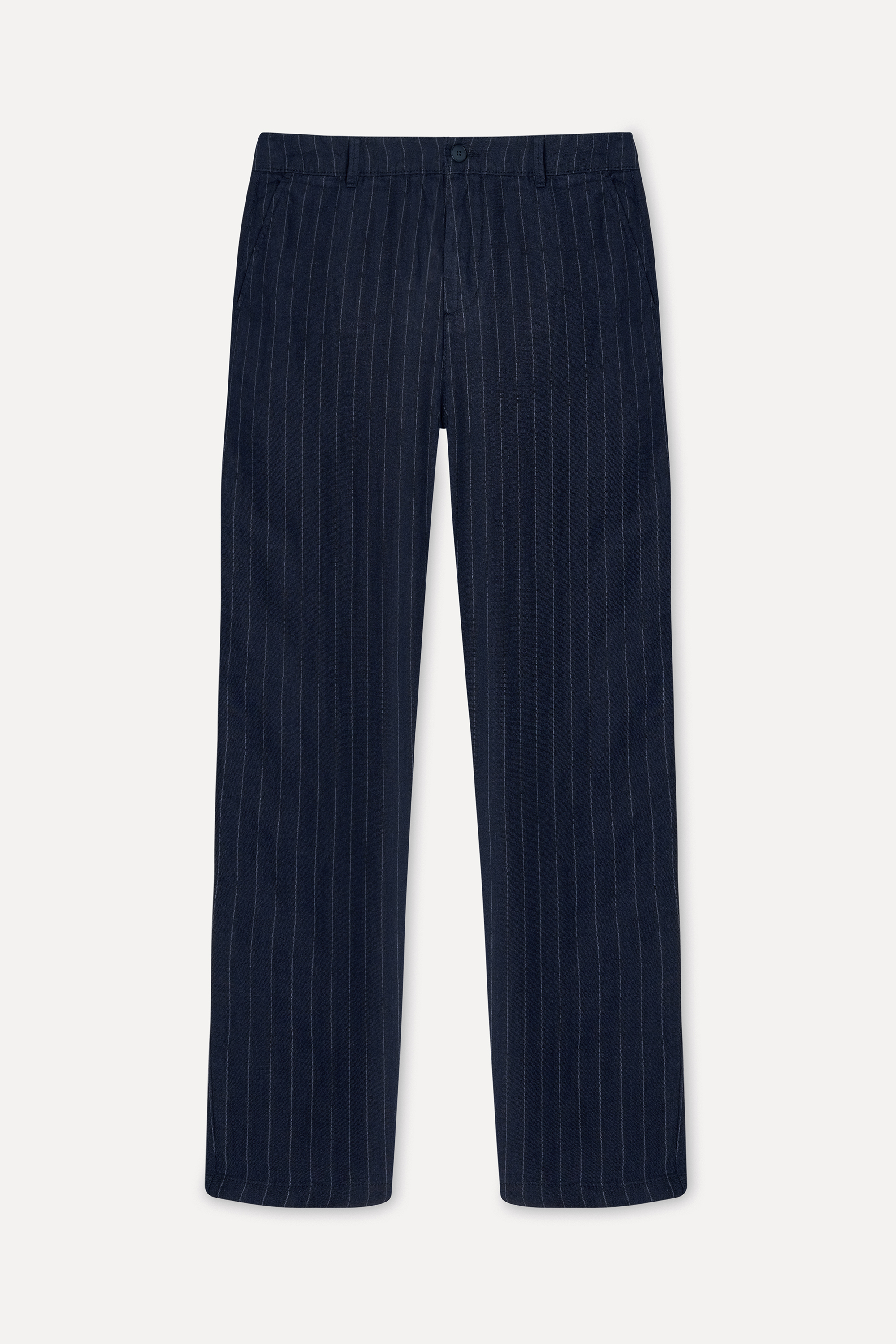 Erkek Lacivert Çizgili Tapered Fit Keten Pantolon
