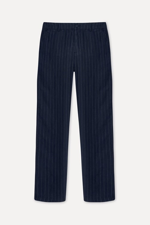 Erkek Lacivert Çizgili Tapered Fit Keten Pantolon
