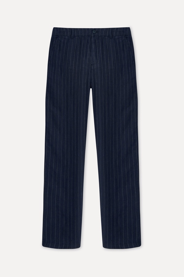 Erkek Lacivert Çizgili Tapered Fit Keten Pantolon