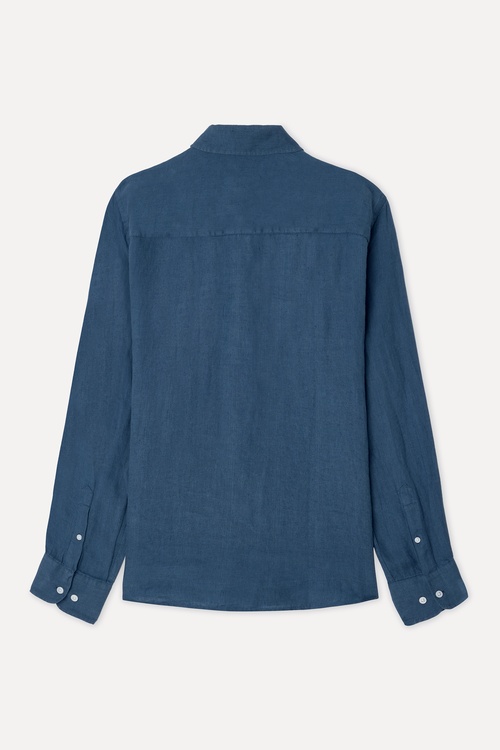  Erkek İndigo Regular Fit Uzun Kollu Keten Gömlek