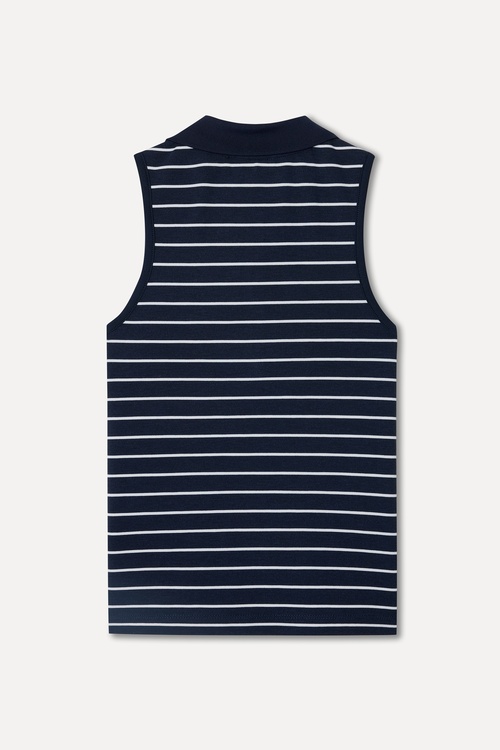 Kadın Lacivert Çizgili Polo Yaka Kolsuz T-Shirt