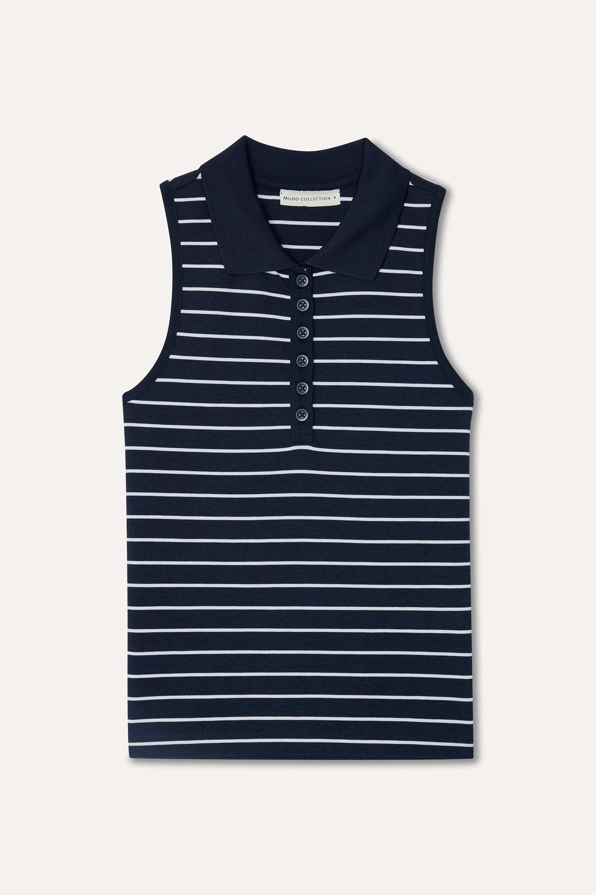 Kadın Lacivert Çizgili Polo Yaka Kolsuz T-Shirt